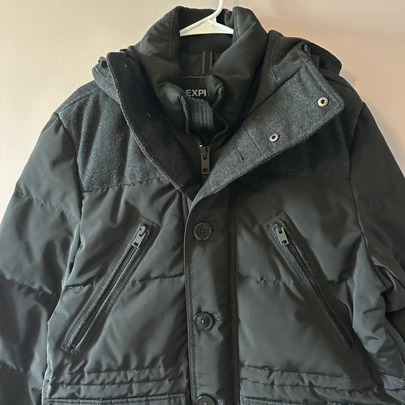 Men's Express Black Charcoal Grey Down Puffer Jacket with Hood Size L - Picture 15 of 16